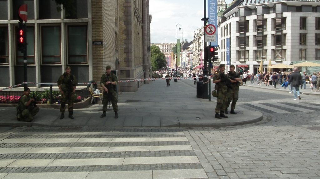 Armed soldiers on Karl Johan Street the day after the July 22nd terror attack