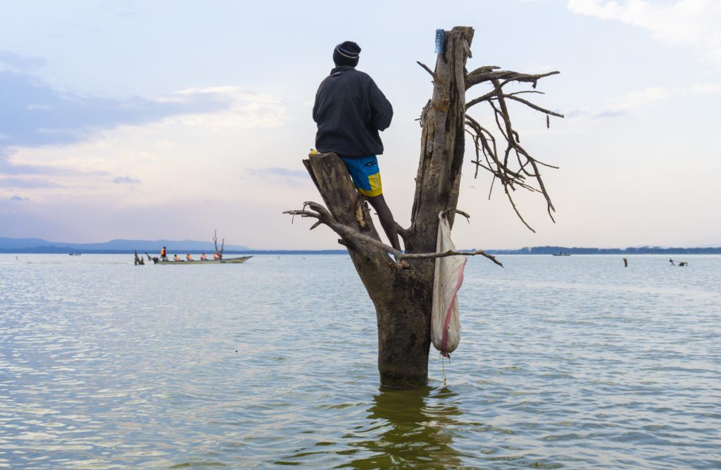Lake Naivasha – Fisherman on a tree trunk in the water observing a boat full of tourists