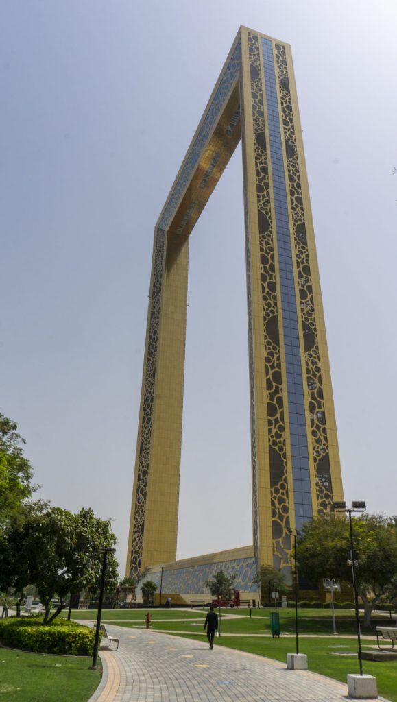 The Dubai Frame, Dubai's most recent 150 meter landmark. Referred to as "the biggest picture frame in the world", this building is situated inbetween "old" and "new" Dubai, and offers a small permanent expo of the past and the future of the city.