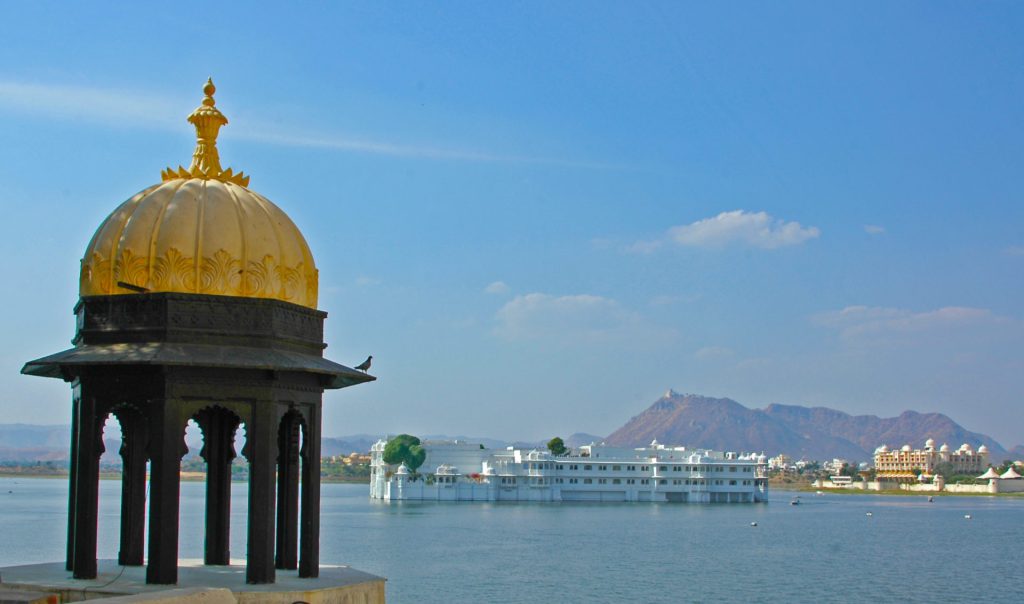 Udaipur – The Lake Palace with the Monsoon Palace on a mountain top in the background